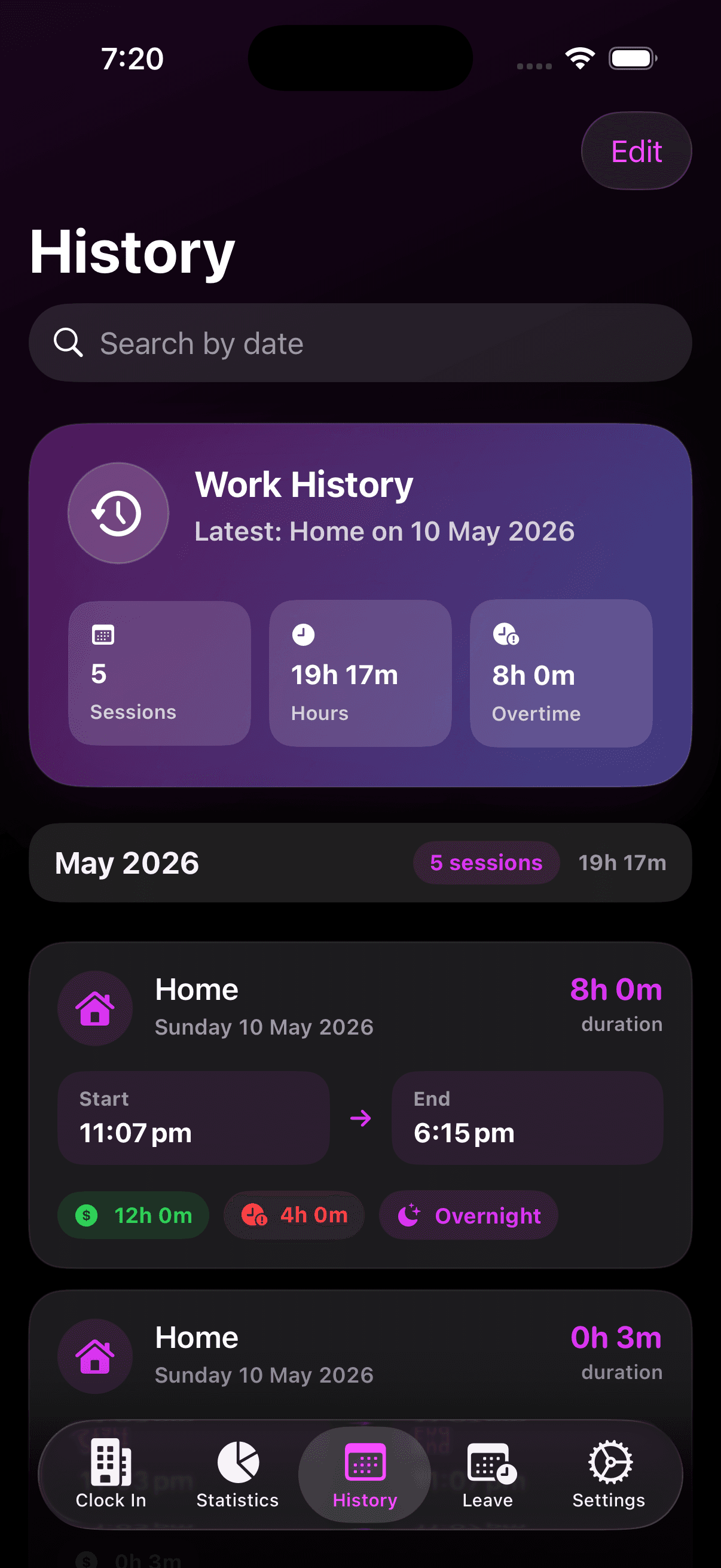 WorkPlace history screen