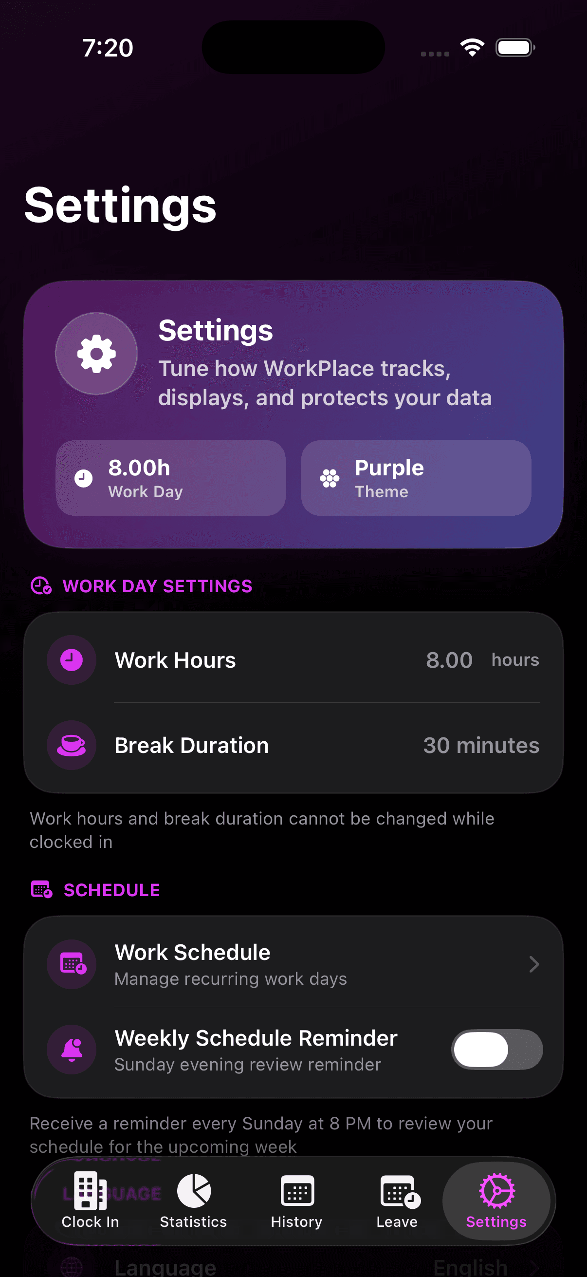 Settings screen in WorkPlace Time Keeper